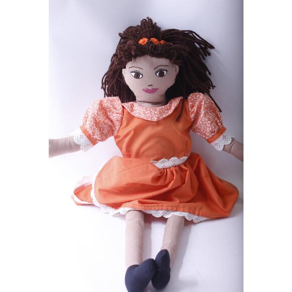 Large Rag Doll in Orange Dress, 21 inches, Long Brown Hair, Vintage, Collectible - Picture 1 of 3